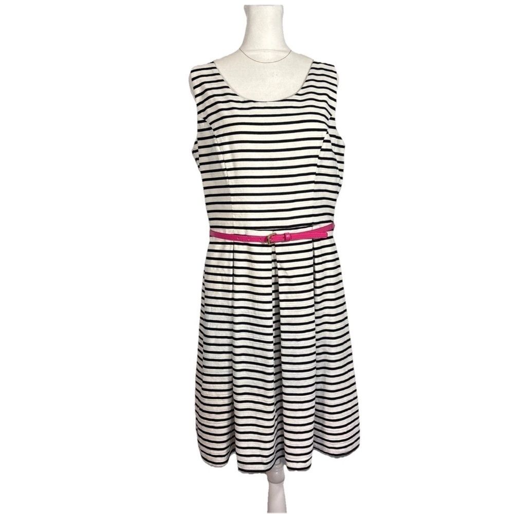 Tiana B. Dress Size 10 Black White Striped Sleeveless Pink Belt Shift Women